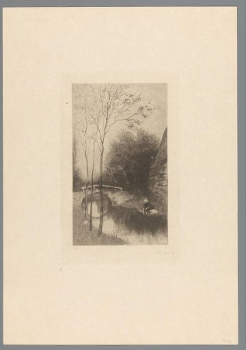 Woman sitting by a stream near a bridge