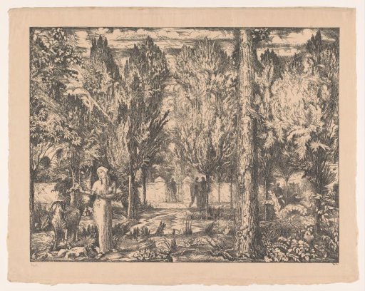 Woman and ram in a walled garden