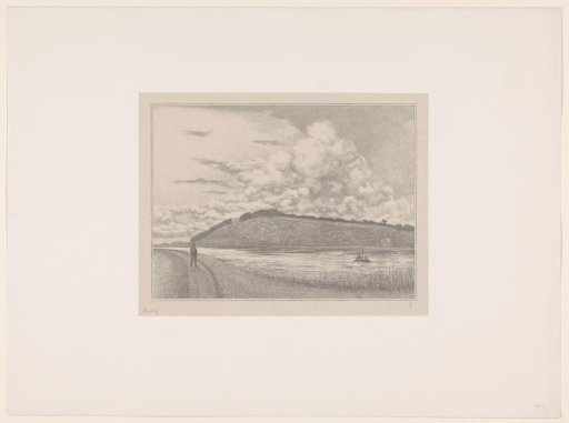 Landscape with hill and river with sailing boat