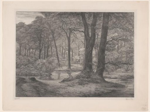Forest with pond and reclining man