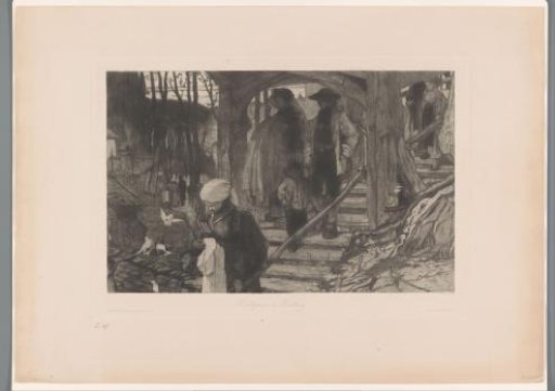 Families walking down a wooden staircase