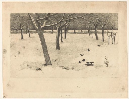 Snowy Orchard with Birds