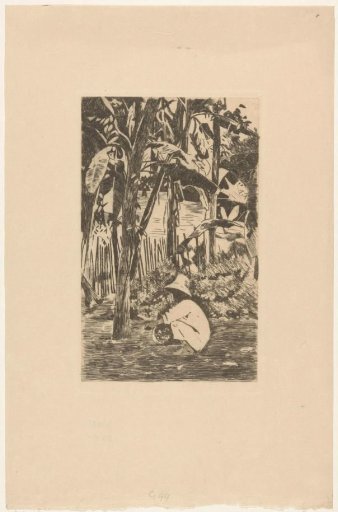 Crouching figure among trees in Buitenzorg