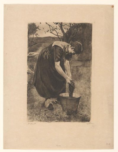 Peasant woman washing textile in a bucket
