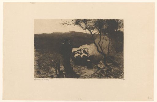 Shepherd with a dog behind his flock