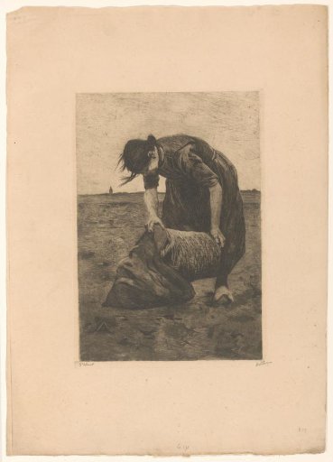 Bent-over potato digger with a basket and sack