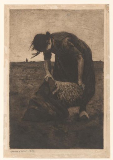 Bent-over potato digger with a basket and sack