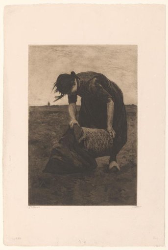 Bent-over potato digger with a basket and sack