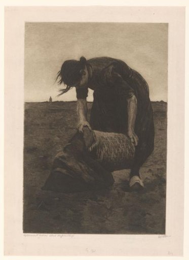 Bent-over potato digger with a basket and sack