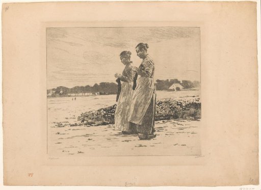 Two standing knitters in a landscape in Ede