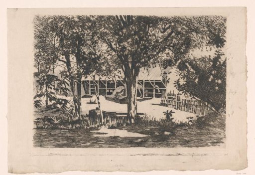 Horse stables behind trees on Java