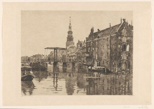 View from the Rapenburgwal of the Sweeden warehouse, the Montelbaanstoren and the Peperbrug