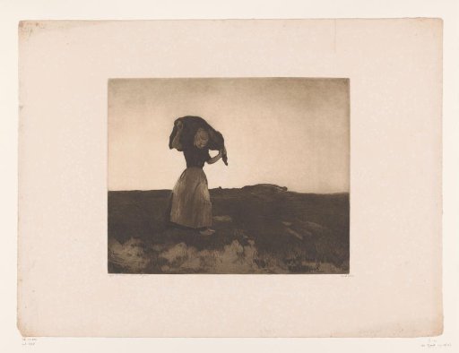 Woman walking over the heath with a sack on her shoulders