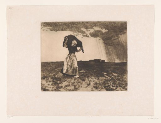 Woman walking over the heath with a sack on her shoulders