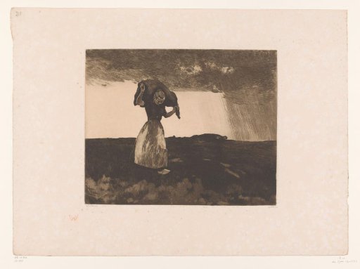 Woman walking over the heath with a sack on her shoulders
