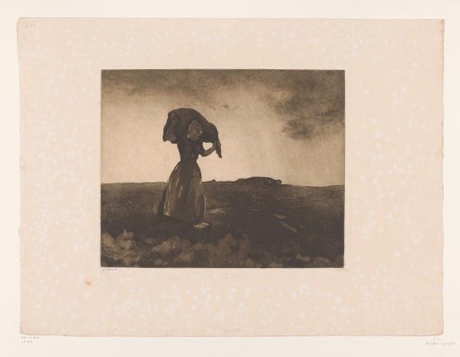 Woman walking over the heath with a sack on her shoulders