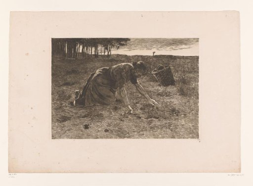 Woman kneeling peeling potatoes