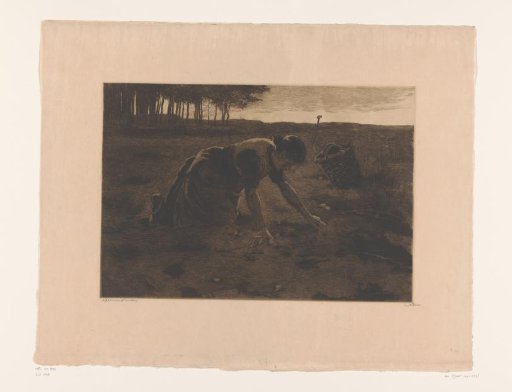 Woman kneeling peeling potatoes