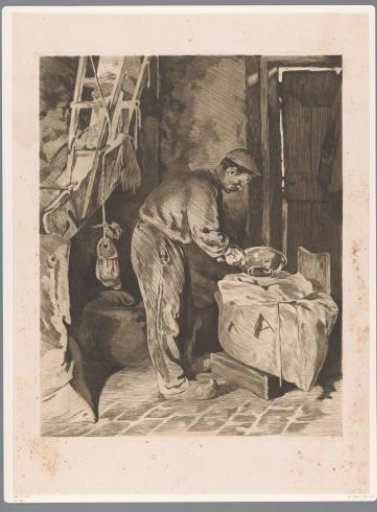 Miller in the corn mill at Wijk bij Duurstede filling a sack with flour