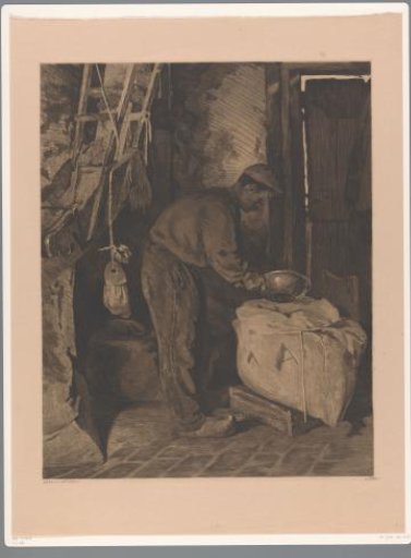 Miller in the corn mill at Wijk bij Duurstede filling a sack with flour