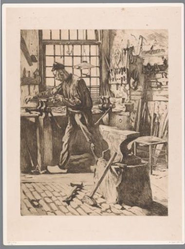 Smith at work at a bench vice by the window