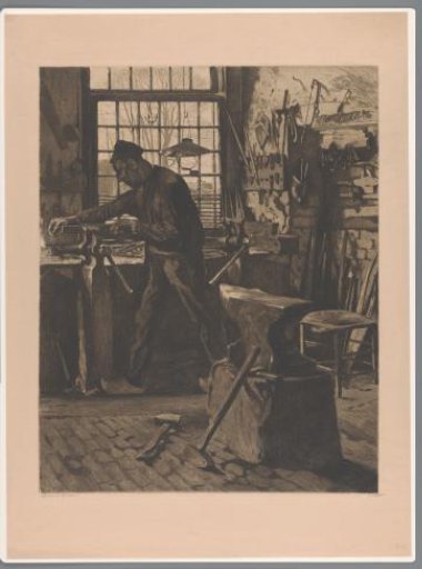 Smith at work at a bench vice by the window