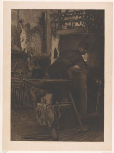 Smith at the fire in a smithy in Wijk bij Duurstede