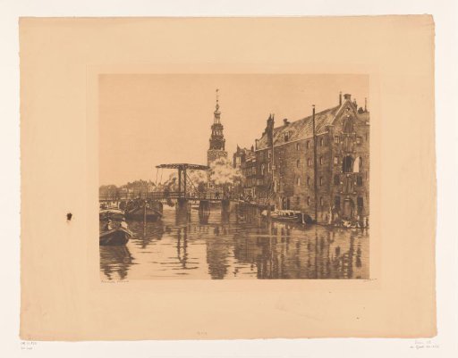 View from the Rapenburgwal of the Sweeden Warehouse, the Montelbaanstoren and the Peperbrug