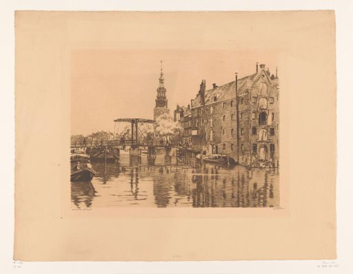 View from the Rapenburgwal of the Sweeden Warehouse, the Montelbaanstoren and the Peperbrug