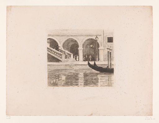 Canal in Venice with a Gondola and the Stairs to the Rialto Bridge
