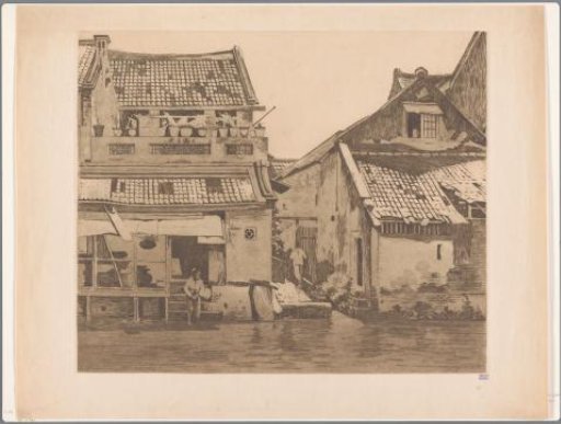 Two Figures by Houses on a River in Batavia