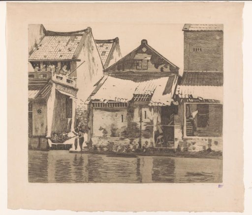 Dwellings Along a River in Batavia with a Woman Washing Clothes