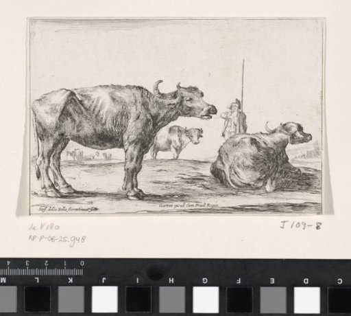 Shepherd with three cattle in a landscape