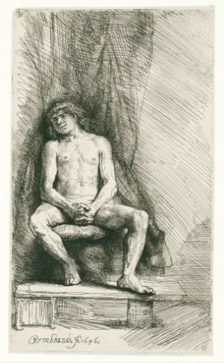Nude man seated before a curtain