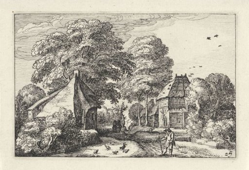Barn and dwellings along a road