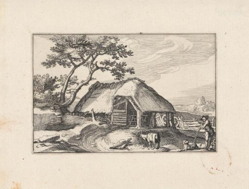 Farmhouse and shepherd with dog and goat