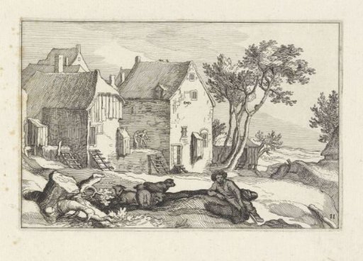 Farmhouse and shepherd with sheep