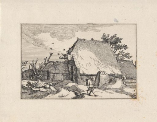 Farmhouse and man with two buckets
