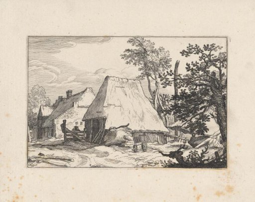 Farmyard with man leaning against a fence