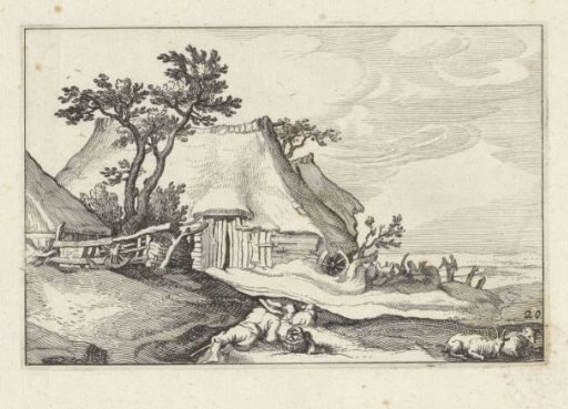 Farmhouse and shepherd with sheep and goat