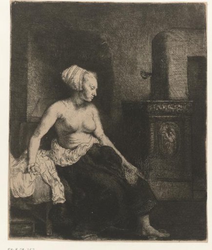 Woman sitting half dressed beside a stove