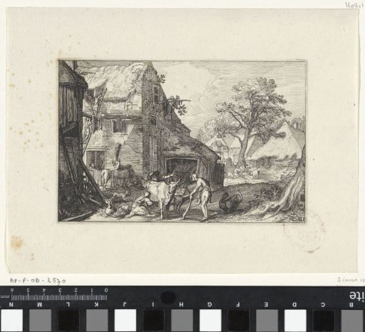 Farmyard with people and livestock