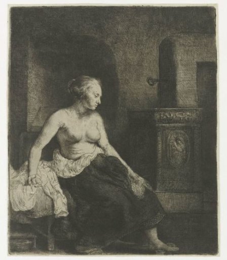 Woman sitting half dressed beside a stove