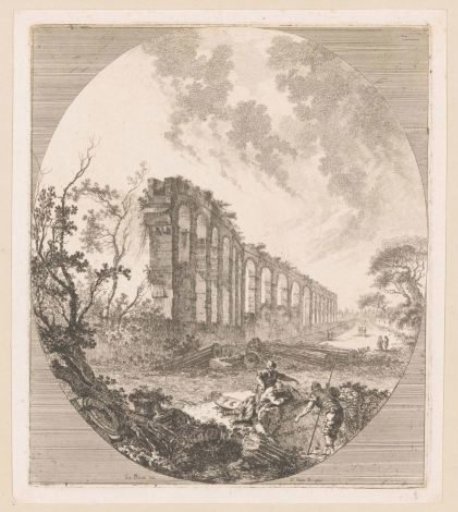 View of an Aqueduct with Three Soldiers at Classical Fragments to the Right in the Foreground