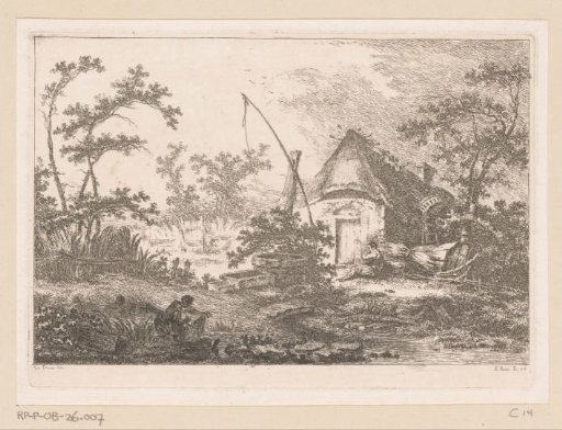 Landscape with a hut and a water well by a river, a woman doing laundry on the left