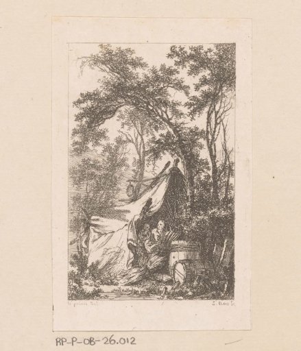 Forest landscape with a woman and child in a tent