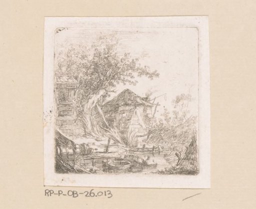 Landscape with huts along a river with barrels in them