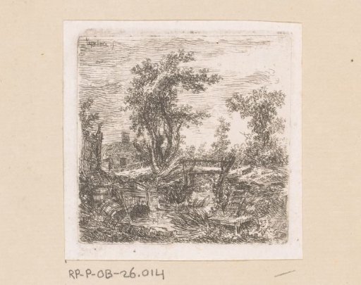 Landscape with a wooden bridge over a river with barrels beside it