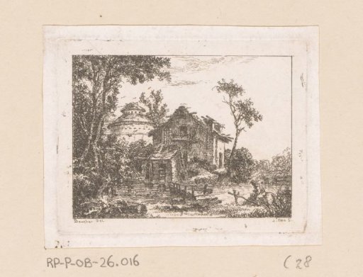 Landscape with a hut and a dovecote by the water