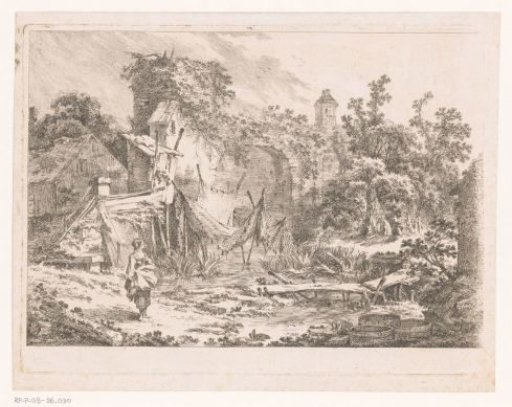 Landscape with a hut and fishing nets on poles
